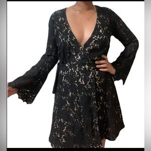 Lulus Dress Size S Black Lace Wrap Dress Cotton Blend